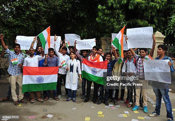 Student during a protest against Uri terrorist attack at Azad park in Allahabad.