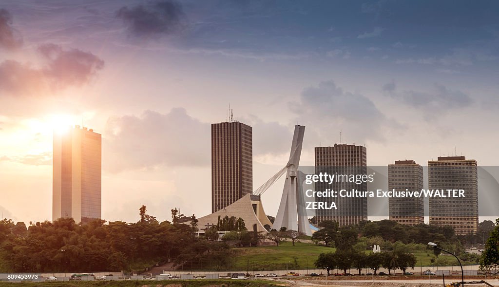 Cityscape with skyscrapers and St Pauls cathedral, Abidjan, Ivory Coast, Africa