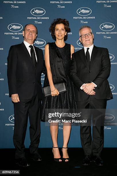 Pierre Lescure, French minister of Culture Audrey Azoulay and Thierry Fremaux attend the 'Cannes Film Festival 70th anniversary' Party at Palais Des...