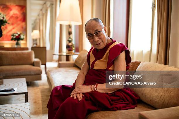 The Dalai Lama poses for Paris Match on september 13, 2016 in Paris, France.