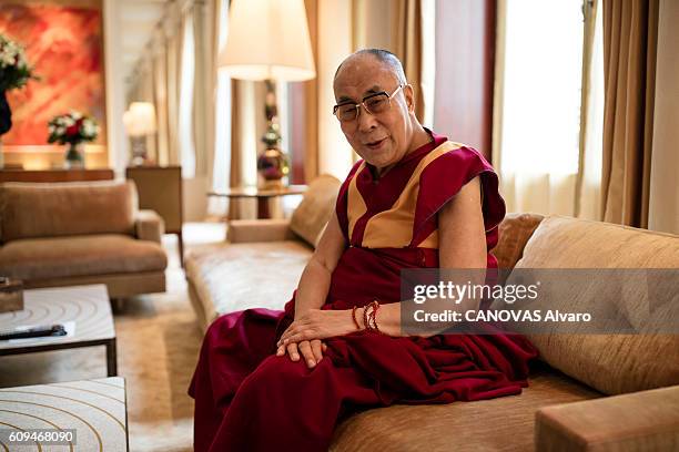 The Dalai Lama poses for Paris Match on september 13, 2016 in Paris, France.