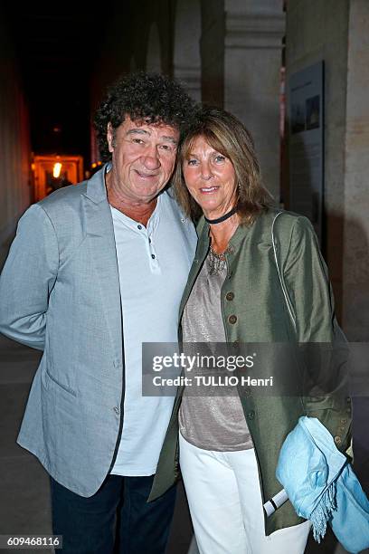 Robert Charlebois with his wife Laurence pose for Paris Match on september 06, 2016 at the evening gala for the outdoor Opera La Boheme of Giacomo...