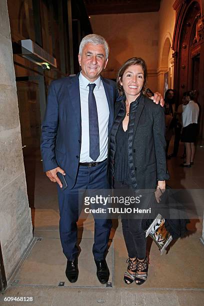 Herve Morin and Elodie Garamond pose for Paris Match on september 06, 2016 at the evening gala for the outdoor Opera La Boheme of Giacomo Puccini at...