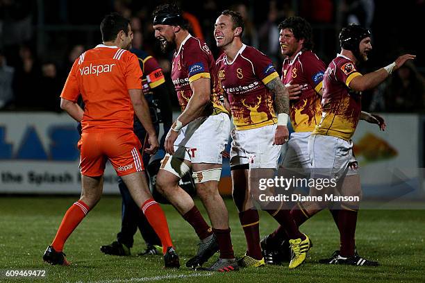 Jimmy Cowan of Southland celebrates his try during the Mitre 10 Cup round 6 match between Southland and Bay of Plenty at Rugby Park Stadium on...