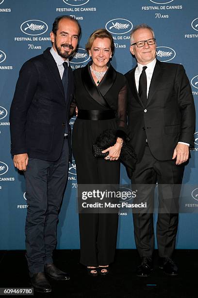 Alexis Weller, Caroline Scheufele and Thierry Fremaux attend the 'Cannes Film Festival 70th anniversary' Party at Palais Des Beaux Arts on September...