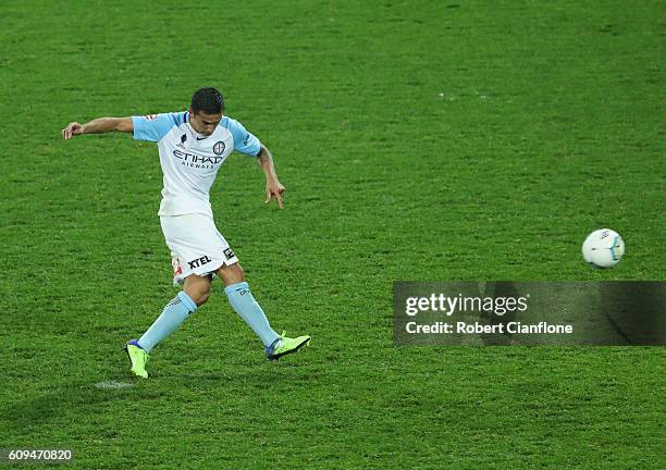 Tim Cahill of Melbourne City takes a penalty kick during the FFA Cup Quarter Final between Melbourne City and Western Sydney at AAMI Park on...