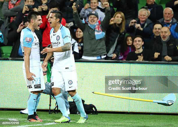 Tim Cahill of City is congratulated by Bruno Fornaroli after scoring his first goal during the FFA Cup Quarter Final between Melbourne and Western...
