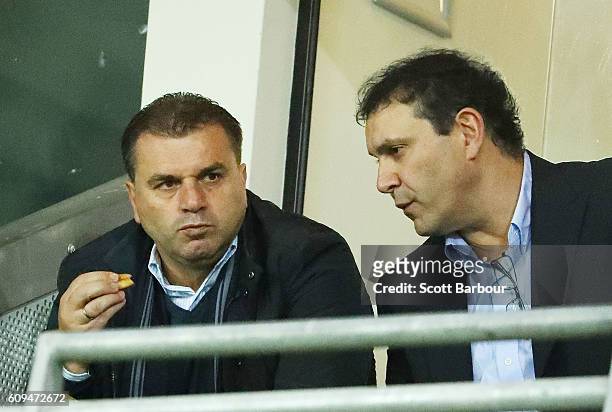 Socceroos coach Ange Postecoglou looks on from the crowd during the FFA Cup Quarter Final between Melbourne and Western Sydney at AAMI Park on...