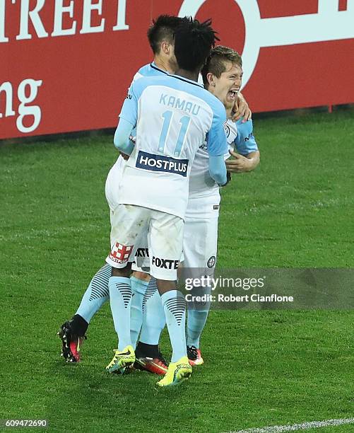 Fernando Brandan celebrates with team mates after scoring a goal of Melbourne City during the FFA Cup Quarter Final between Melbourne City and...