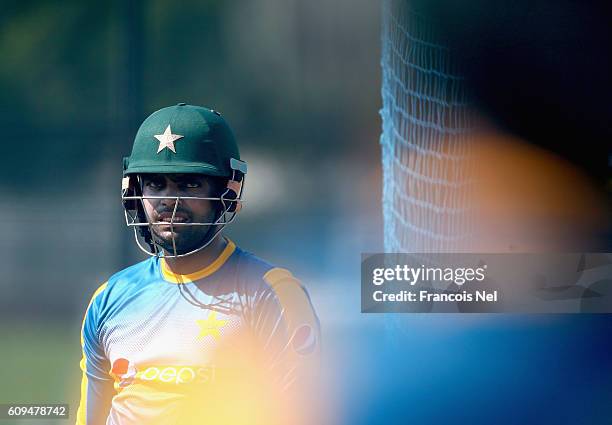 Umar Akmal of Pakistan looks during a nets session at ICC Cricket Academy on September 21, 2016 in Dubai, United Arab Emirates.