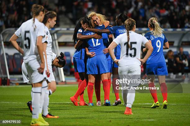 Kheira Hamraoui of France celebrates with France players during the UEFA Women's EURO 2017 qualification match between France and Albania at Stade...