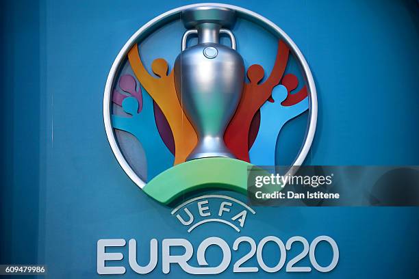 The logo for the UEFA EURO 2020 tournament is displayed during the UEFA EURO 2020 launch event for London at City Hall on September 21, 2016 in...