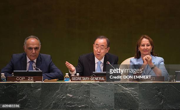 Secretary General Ban Ki-moon speaks the United Nations during the Entry into Force of the Paris Agreement September 21, 2016 at the United Nations...