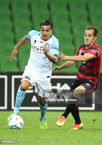 Tim Cahill of City competes for the ball during the FFA Cup Quarter Final between Melbourne and Western Sydney at AAMI Park on September 21, 2016 in...