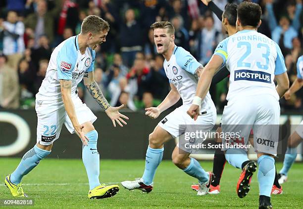 Michael Jakobsen of City celebrates after scoring their first goal during the FFA Cup Quarter Final between Melbourne and Western Sydney at AAMI Park...