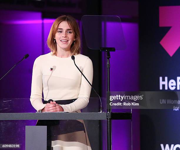 Emma Watson speaks at HeForShe 2nd Anniversary Reception at Museum of Modern Art on September 20, 2016 in New York City.