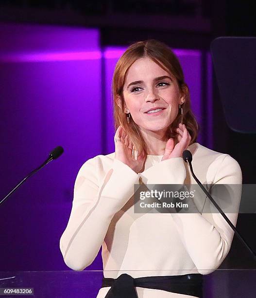 Emma Watson speaks at HeForShe 2nd Anniversary Reception at Museum of Modern Art on September 20, 2016 in New York City.