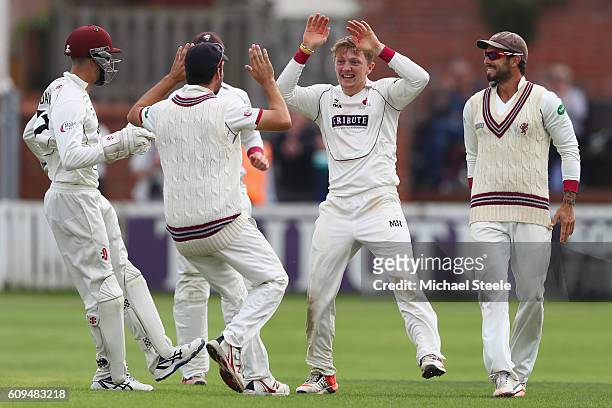 Dom Bess of Somerset celebrates after claiming the wicket of Michael Lumb caught and bowled during day two of the Specsavers County Championship...