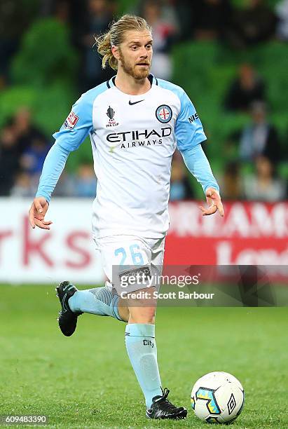 Luke Brattan of City controls the ball during the FFA Cup Quarter Final between Melbourne and Western Sydney at AAMI Park on September 21, 2016 in...