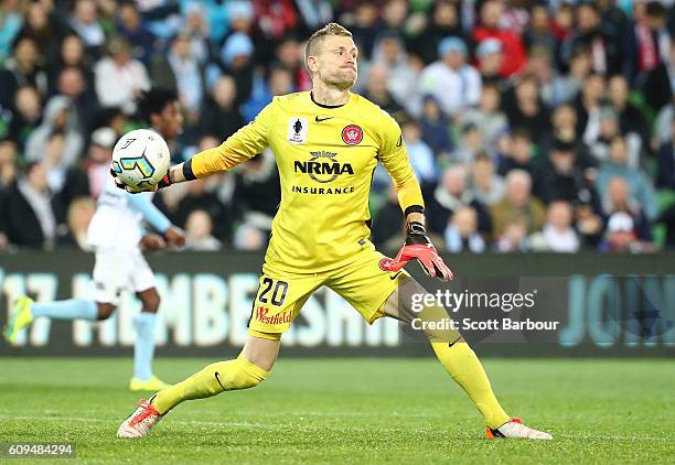 Goalkeeper Andrew Redmayne of Western Sydney throws the ball during the FFA Cup Quarter Final between Melbourne and Western Sydney at AAMI Park on...