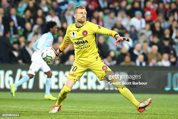 Goalkeeper Andrew Redmayne of Western Sydney throws the ball during the FFA Cup Quarter Final between Melbourne and Western Sydney at AAMI Park on...