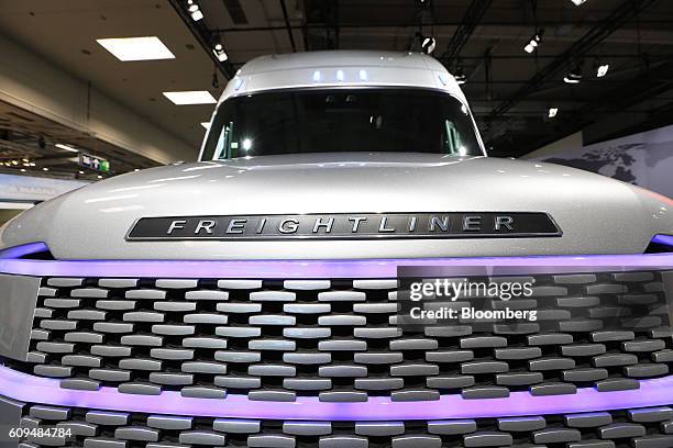 Daimler AG Freightliner Cascade Evolution concept autonomous driving truck stands on display during the IAA commercial vehicle trade fair in...