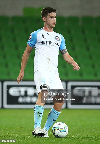 Connor Chapman of City controls the ball during the FFA Cup Quarter Final between Melbourne and Western Sydney at AAMI Park on September 21, 2016 in...