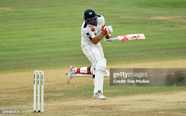 Tim Bresnan of Yorkshire is hit by a bowl from Steven Finn of Middlesex during day two of the Specsavers County Championship match between Middlesex...
