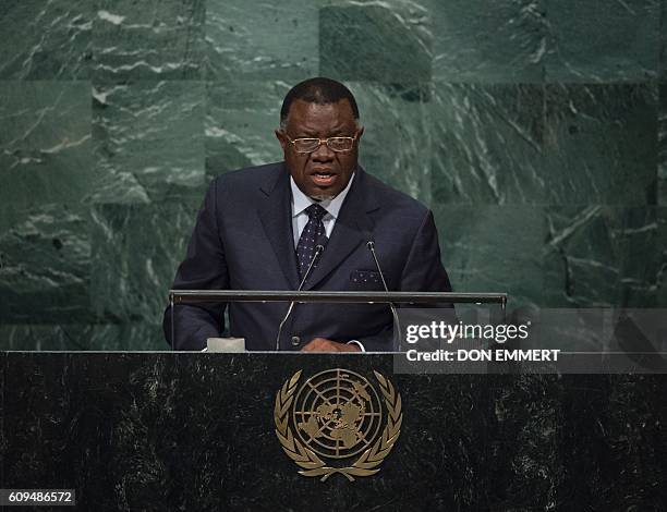 Hage Geingob, President of the Republic of Namibia, addresses the United Nations General Assembly General Debate September 21, 2016 at the United...