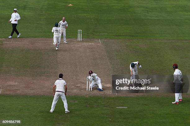 Chris Read of Nottinghamshire is run out by wicketkeeper Ryan Davies of Somerset during day two of the Specsavers County Championship Division One...