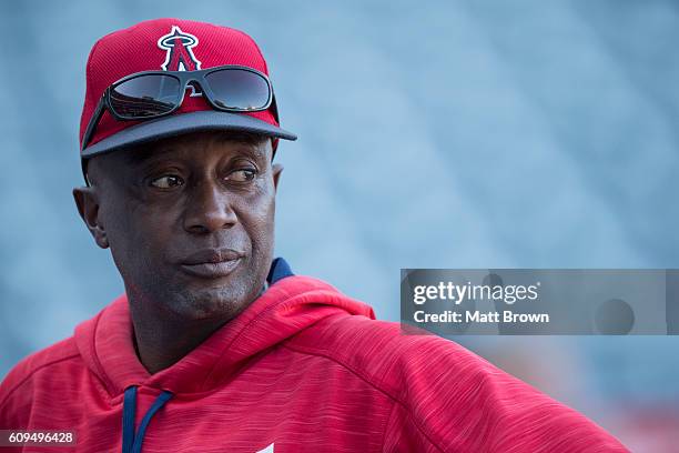 Infield coach Alfredo Griffin of the Los Angeles Angels of Anaheim during batting practice before the game against the Seattle Mariners at Angel...