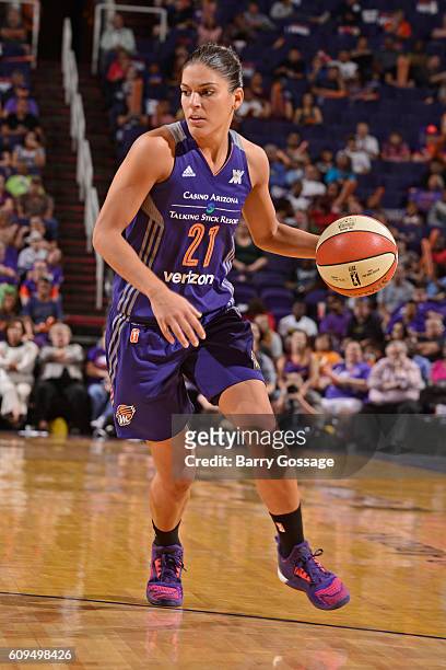 Nirra Fields of the Phoenix Mercury dribbles the ball against the Seattle Storm on September 15, 2016 at Talking Stick Resort Arena in Phoenix,...