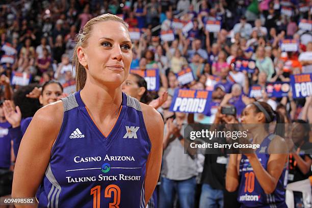 Close up shot of Penny Taylor of the Phoenix Mercury smiles as she stands on the court after the game against the Seattle Storm on September 15, 2016...