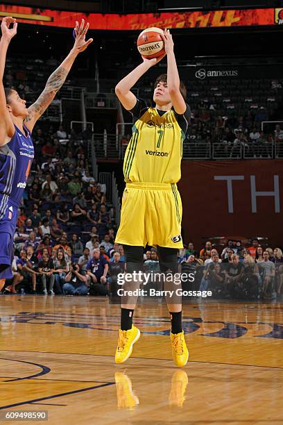 Ramu Tokashiki of the Seattle Storm shoots the ball against the Phoenix Mercury on September 15, 2016 at Talking Stick Resort Arena in Phoenix,...