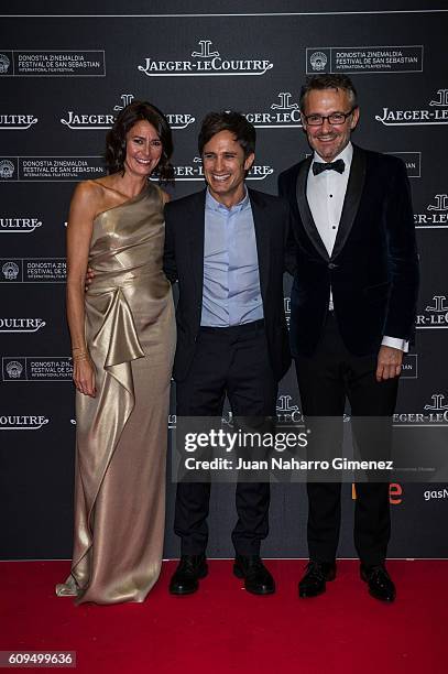 Mercedes Camos, Gael Garcia Bernal and Laurent Vinay attend the red carpet before the Jaeger-LeCoultre 'Latin Cinema Award' gala at Victoria Eugenia...