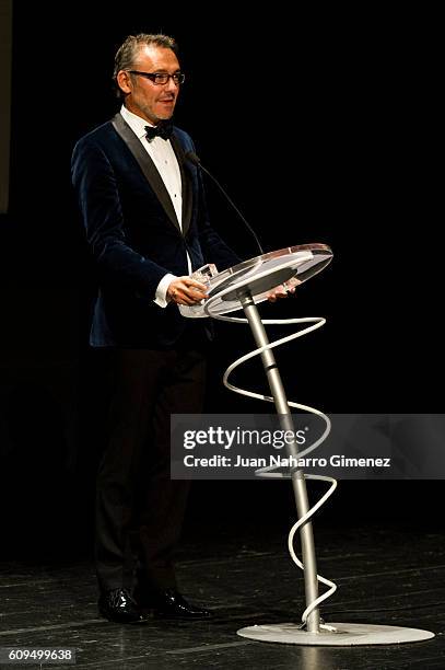 Laurent Vinay, Executive Director Communication of Jaeger-LeCoultre, speaks during the Jaeger-LeCoultre 'Latin Cinema Award' at Victoria Eugenia...