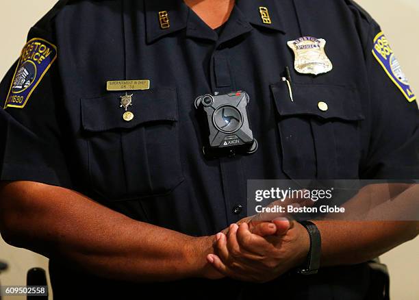 Boston Police Superintendent in Chief William Gross wears a body camera during a press conference at Police Headquarters in Boston on Sept. 20, 2016.