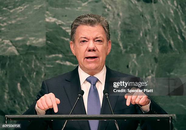 Colombia's President Juan Manuel Santos addresses the General Assembly at the United Nations on September 21, 2016 in New York City. Presidents,...
