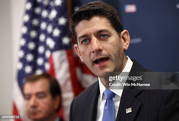 Speaker of the House Paul Ryan answers questions at a press conference at the U.S. Capitol on September 21, 2016 in Washington, DC. Ryan met with...