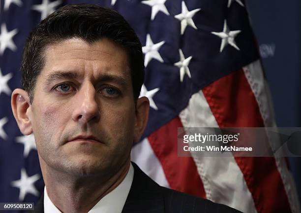 Speaker of the House Paul Ryan answers questions at a press conference at the U.S. Capitol on September 21, 2016 in Washington, DC. Ryan met with...