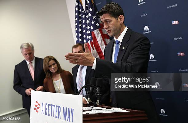 Speaker of the House Paul Ryan answers questions at a press conference at the U.S. Capitol on September 21, 2016 in Washington, DC. Ryan met with...