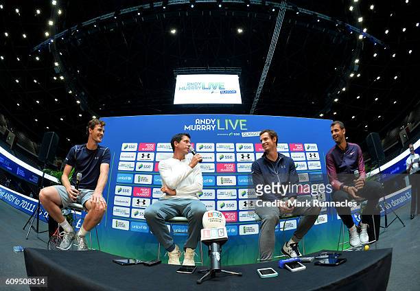 Jamie Murray of Scotland, Tim Henman of England, Andy Murray of Scotland and Grigor Dimitrov of Bulgaria at a media conference during Andy Murray...