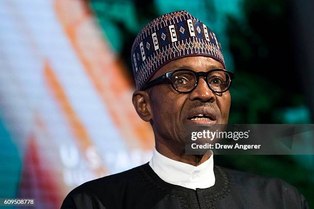 President of Nigeria Muhammadu Buhari speaks at the U.S.-Africa Business Forum at the Plaza Hotel, September 21, 2016 in New York City. The forum is...