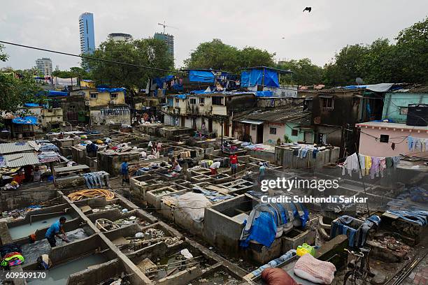 View of an open-air laundromat near Cuffe Parade in South Mumbai.