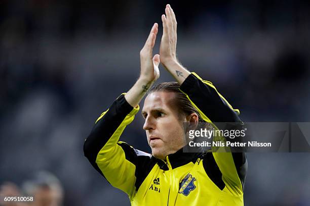 Nils-Eric Johansson of AIK during warm-up prior the Allsvenskan match between Djurgardens IF and AIK at Tele2 Arena on September 21, 2016 in...
