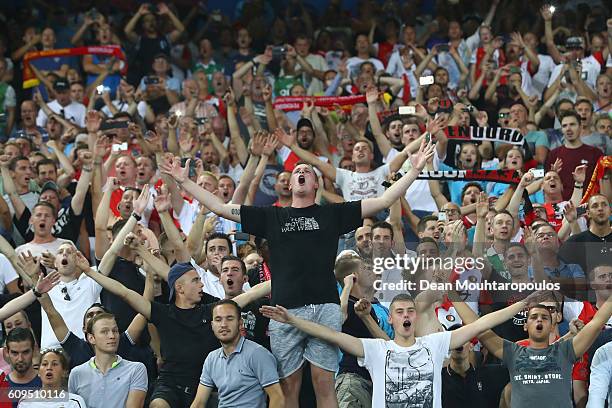 Supporters react to their teams win during the UEFA Europa League Group A match between Feyenoord and Manchester United FC at Feijenoord Stadion on...