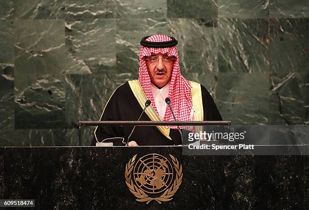 Crown Prince Muhammad bin Nayef of Saudi Arabia addresses the General Assembly at the United Nations on September 21, 2016 in New York City....