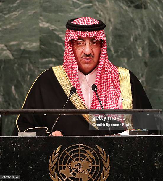 Crown Prince Muhammad bin Nayef of Saudi Arabia addresses the General Assembly at the United Nations on September 21, 2016 in New York City....