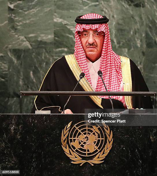 Crown Prince Muhammad bin Nayef of Saudi Arabia addresses the General Assembly at the United Nations on September 21, 2016 in New York City....