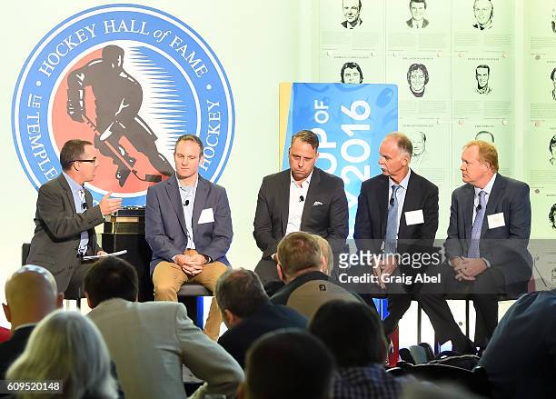 Andre Lachance moderates a panel of Dr. Wade Gilbert, Jorgen Lindgren, Slavomir Lener and Jim Johannson at Hockey SENSE, in partnership with the NHL,...